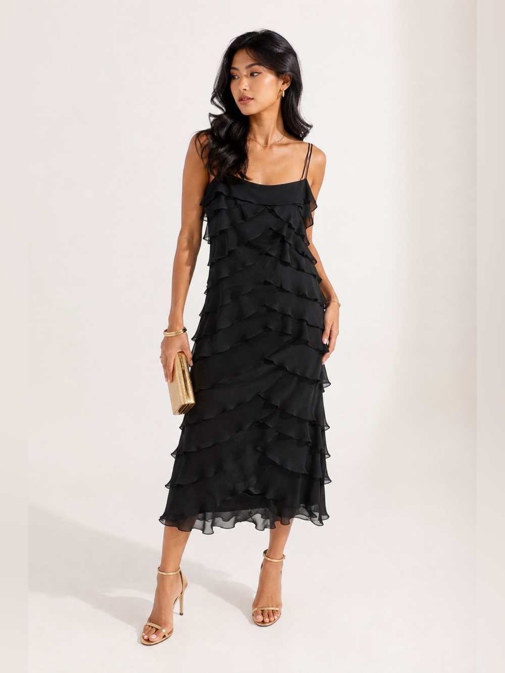 Vintage Tadashi Mint Condition Pure Silk Tiered Ruffle Black Midi Dress